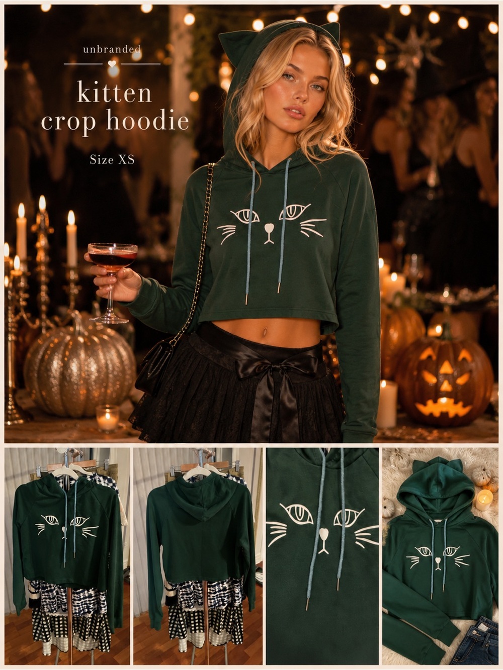 Unbranded Dark Green Kitten Crop Hoodie - Women's XS